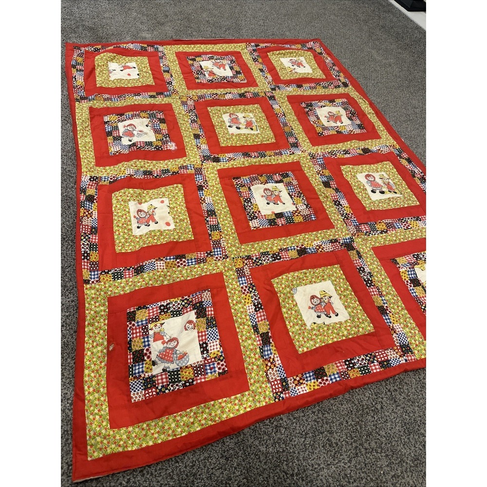 Vintage Raggedy Ann & Andy Homemade Quilt Patchwork, Crib/Toddler Bed Size
